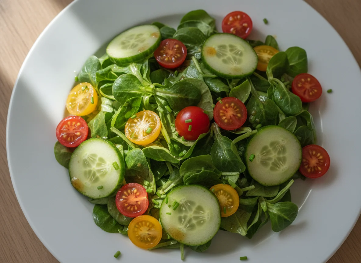 Gemischter Salat mit Feldsalat, Gurken und Tomaten photo