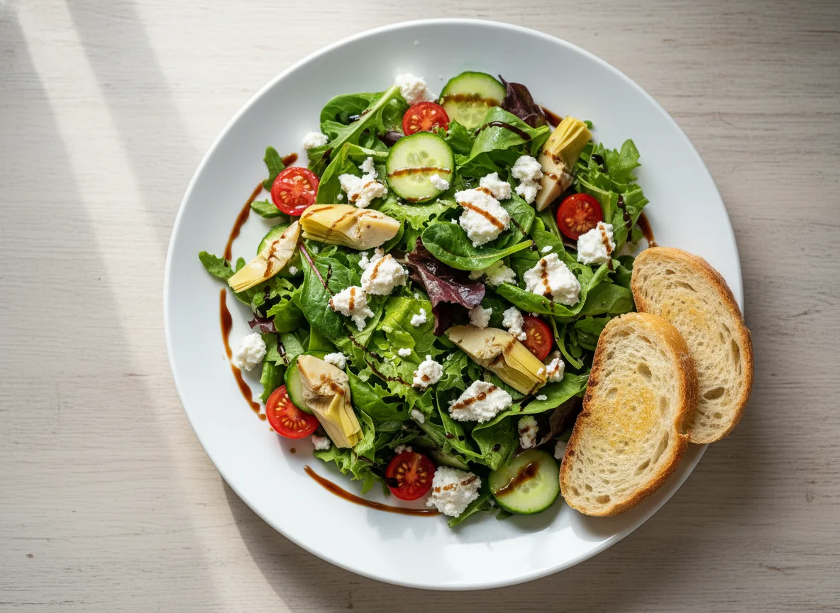 Gemischter Salat mit Feta, Artischocken und Brot photo