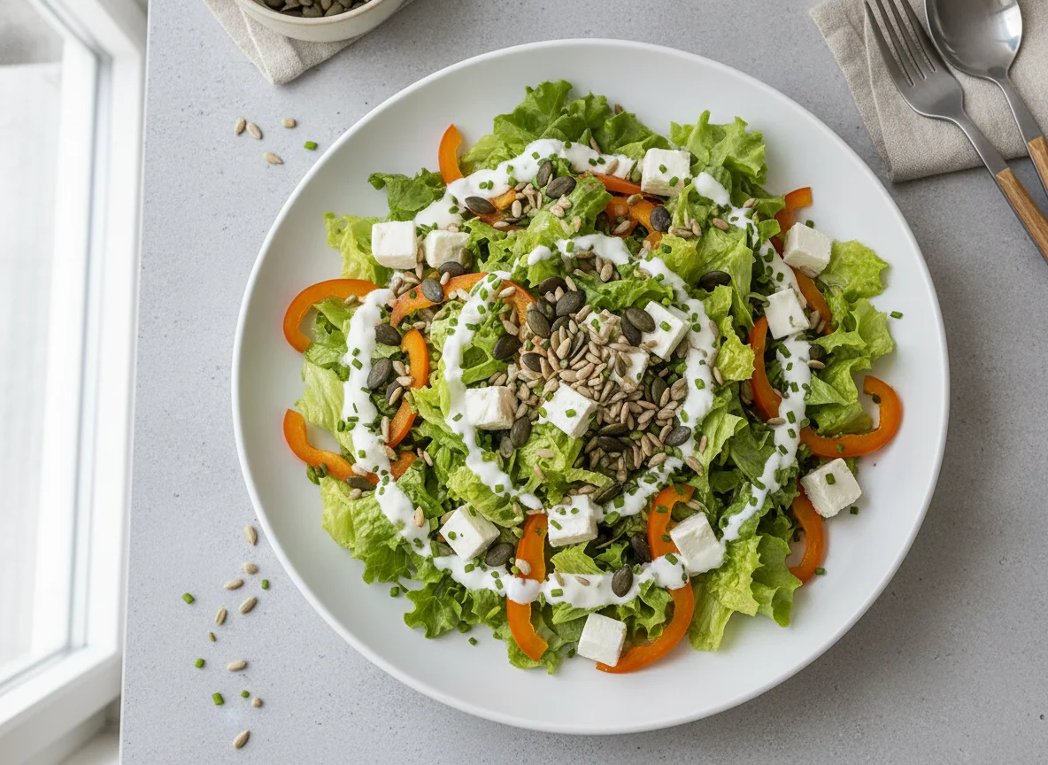 Gemischter Salat mit Feta, Kürbiskernen und Dressing photo