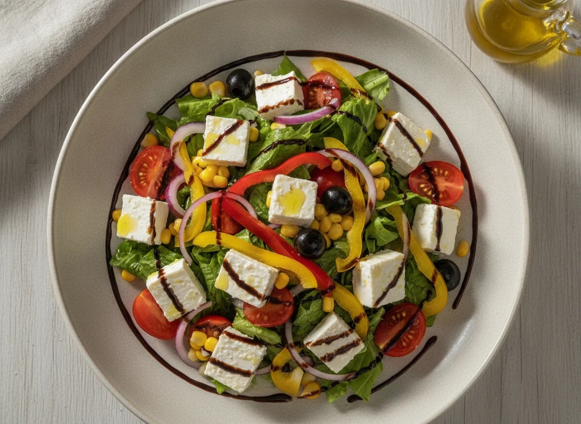 Gemischter Salat mit Feta und Balsamico-Creme photo