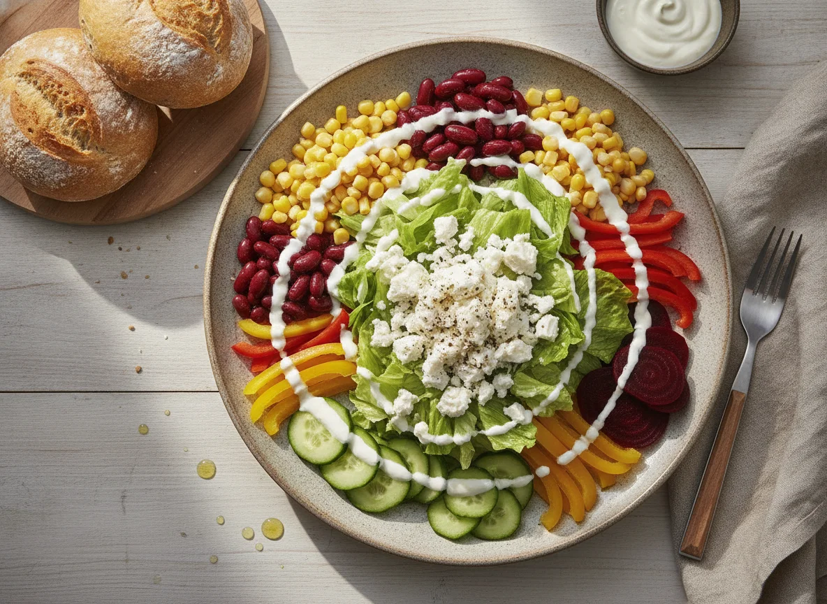 Gemischter Salat mit Feta und Brötchen photo