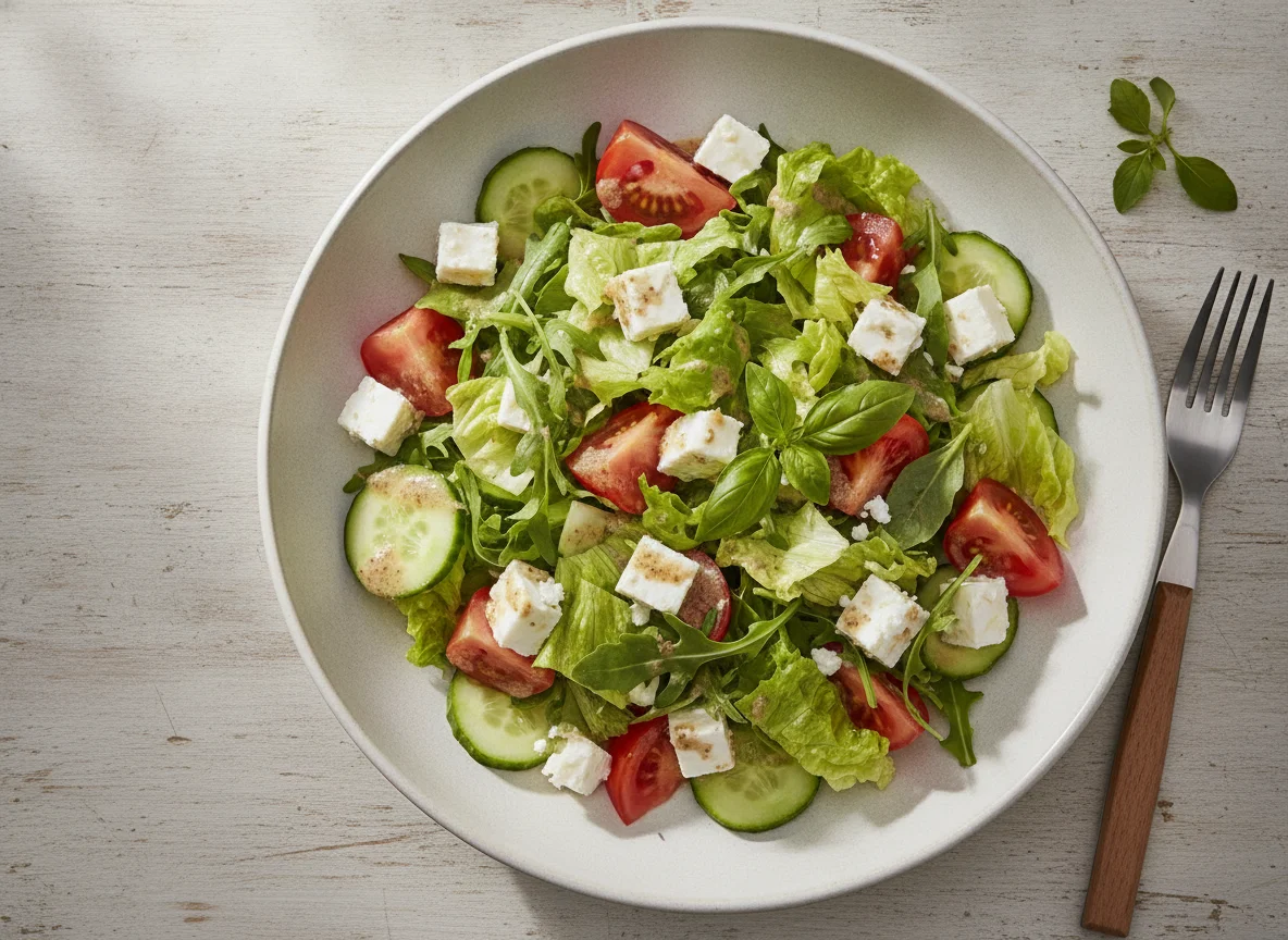 Gemischter Salat mit Feta und italienischem Dressing photo