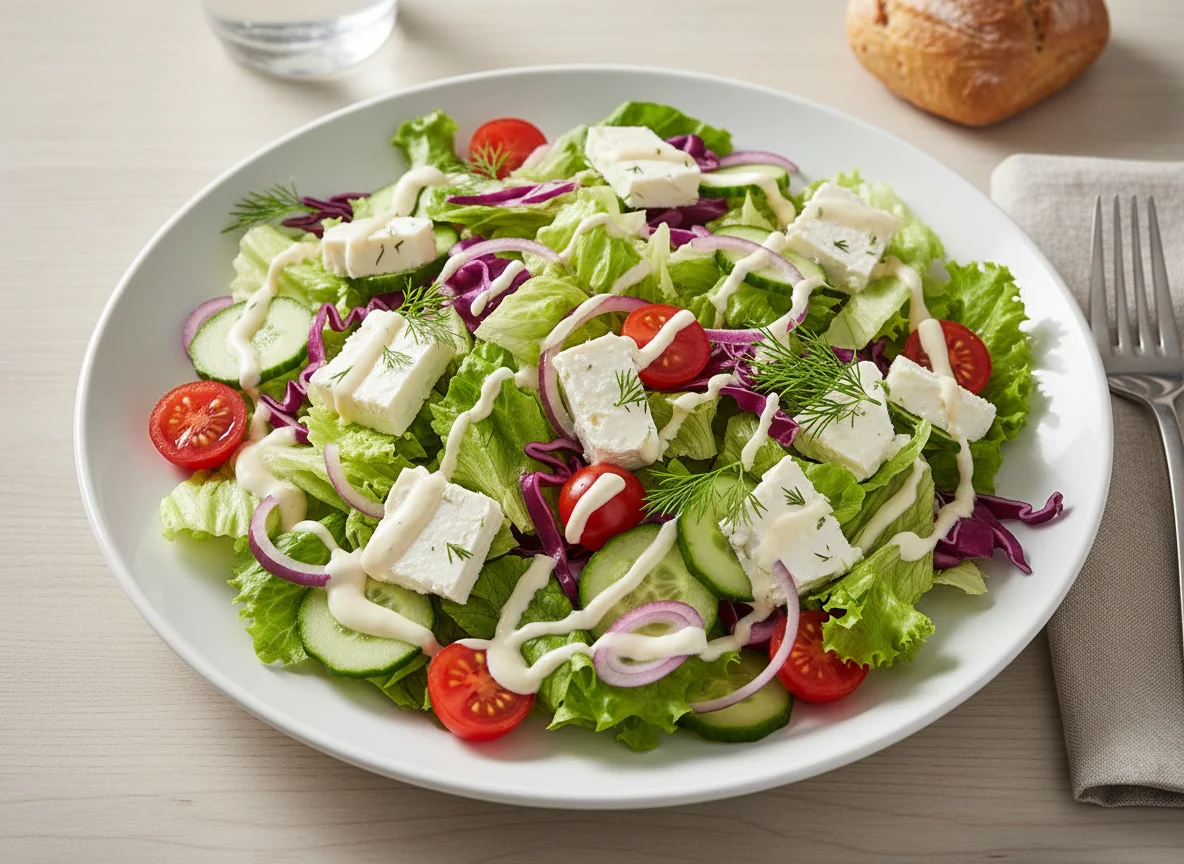 Gemischter Salat mit Feta und Joghurtdressing photo