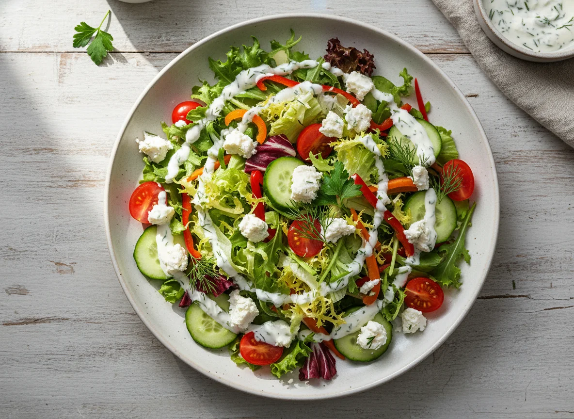 Gemischter Salat mit Feta und Joghurt-Dressing photo