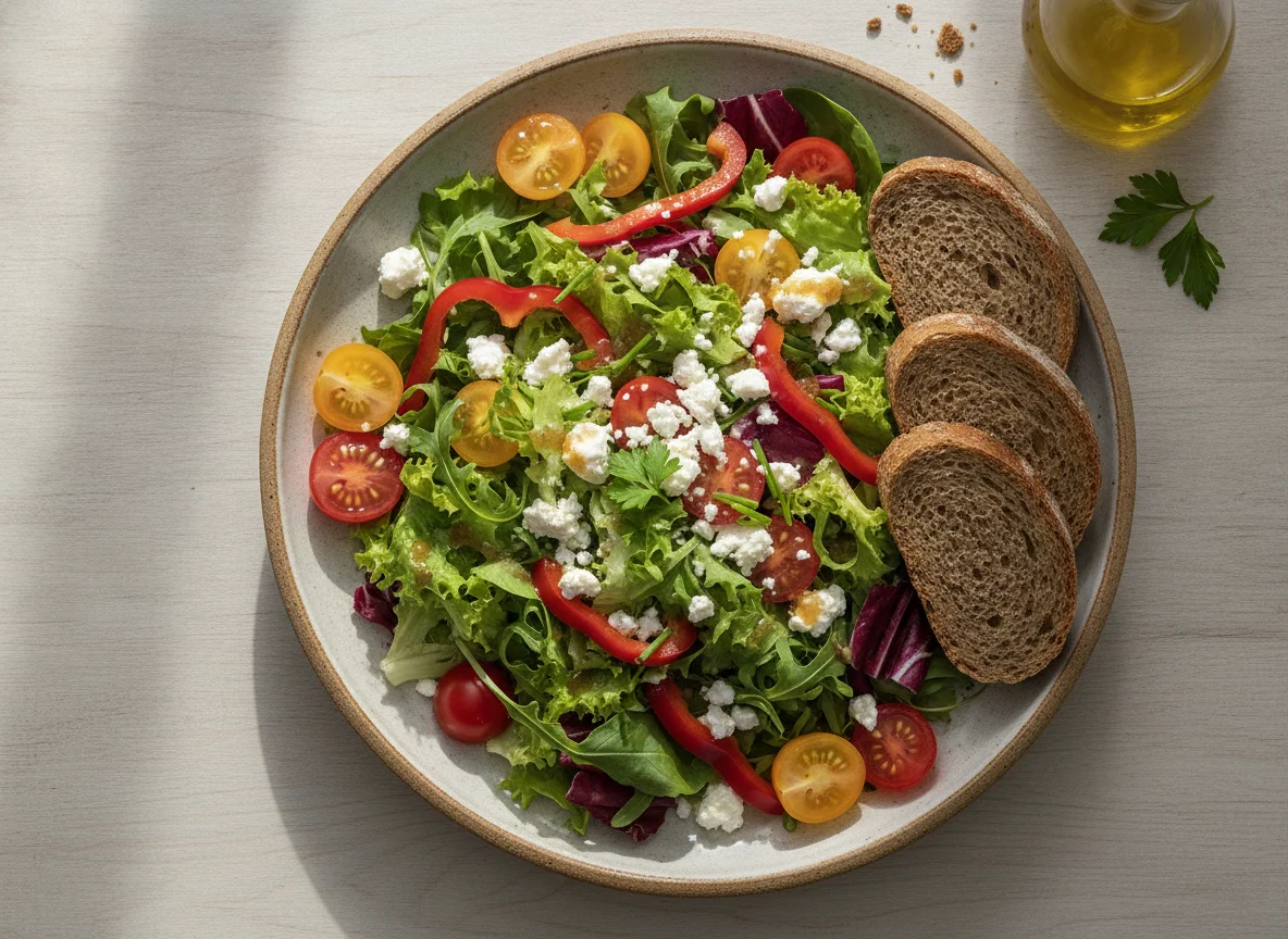 Gemischter Salat mit Feta und Vollkornbrot photo