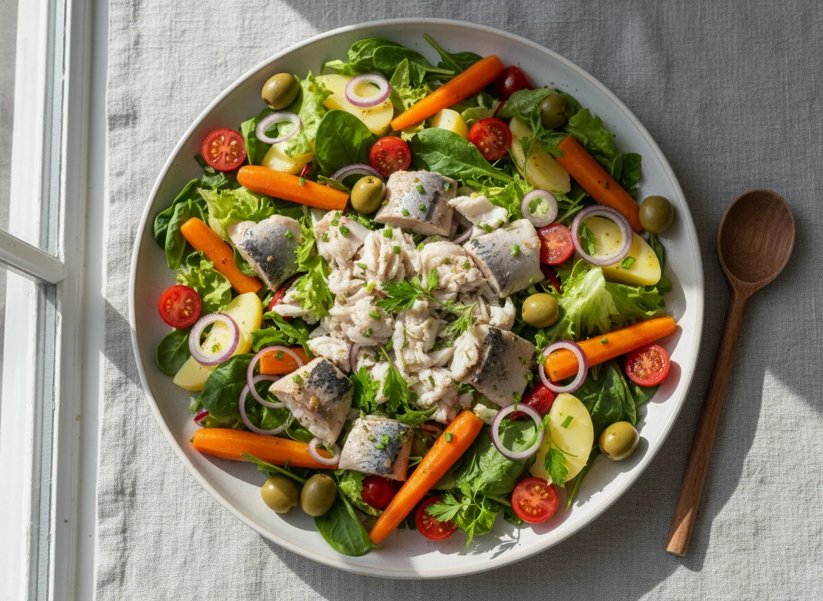 Gemischter Salat mit Fisch und Gemüse photo