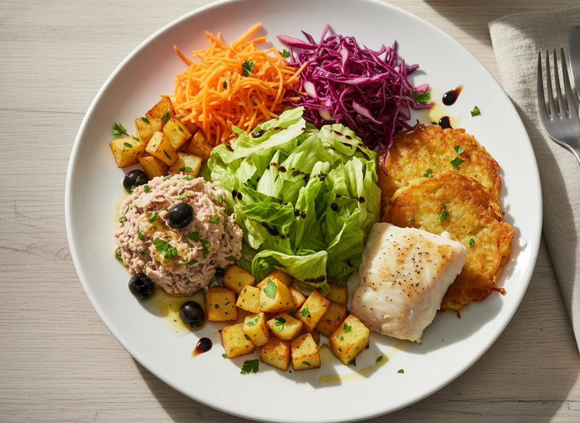 Gemischter Salat mit Fisch und Rösti photo