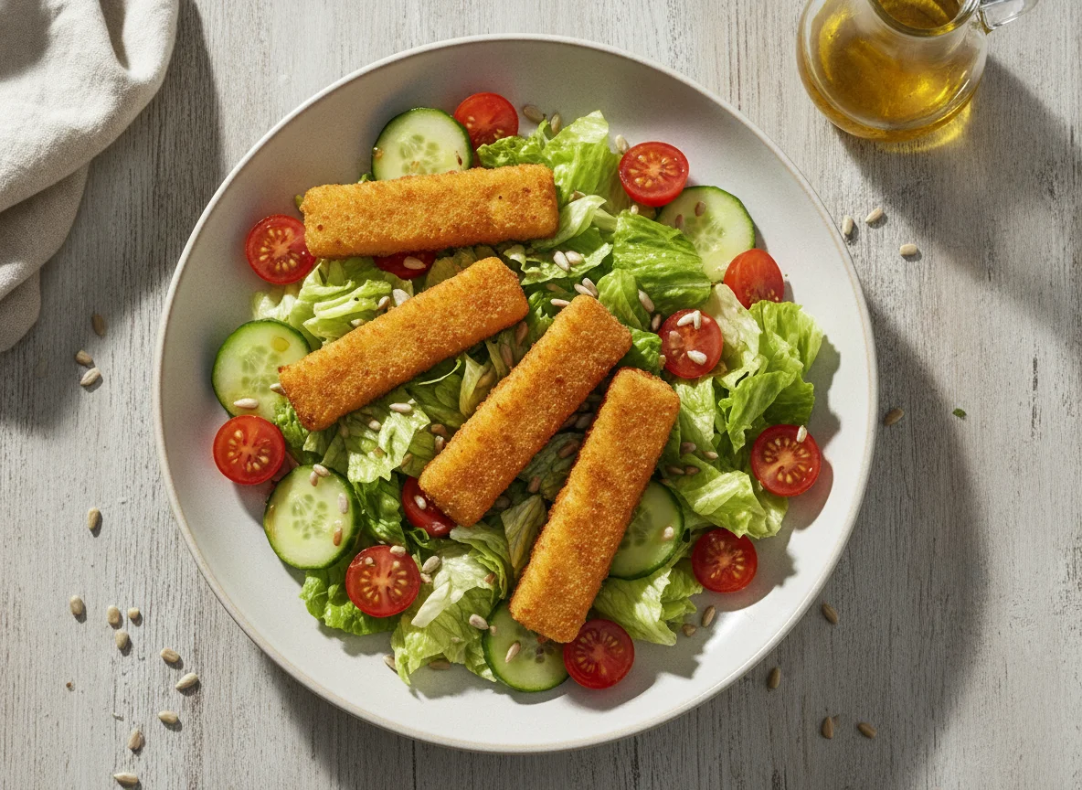 Gemischter Salat mit Fischstäbchen photo