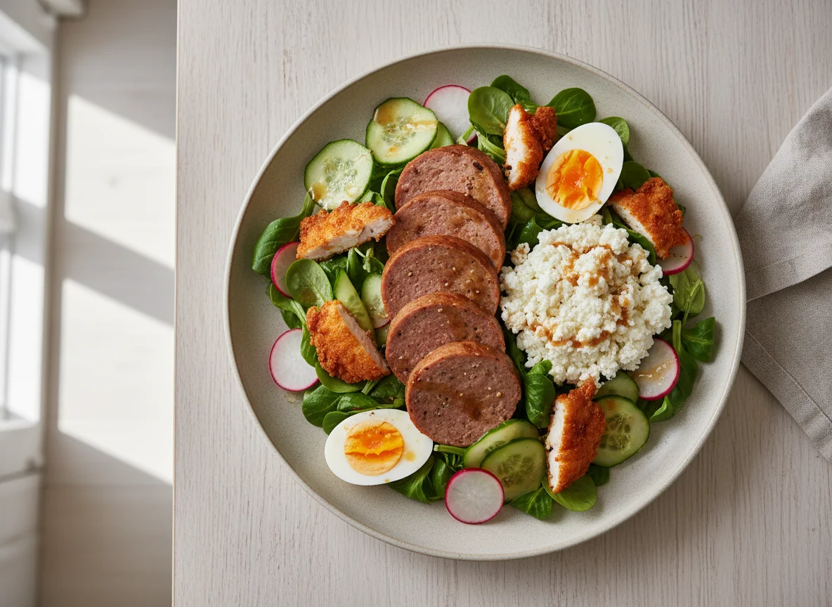 Gemischter Salat mit Fleischkäse und Hüttenkäse photo