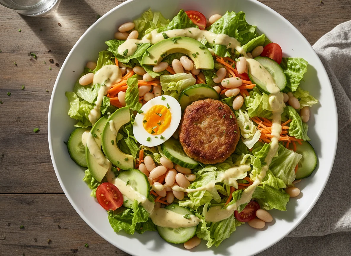 Gemischter Salat mit Frikadelle und Ei photo