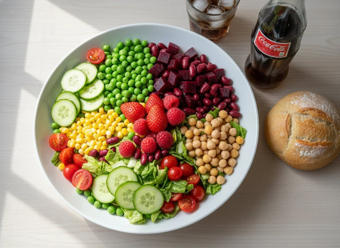 Gemischter Salat mit Früchten und Brötchen photo