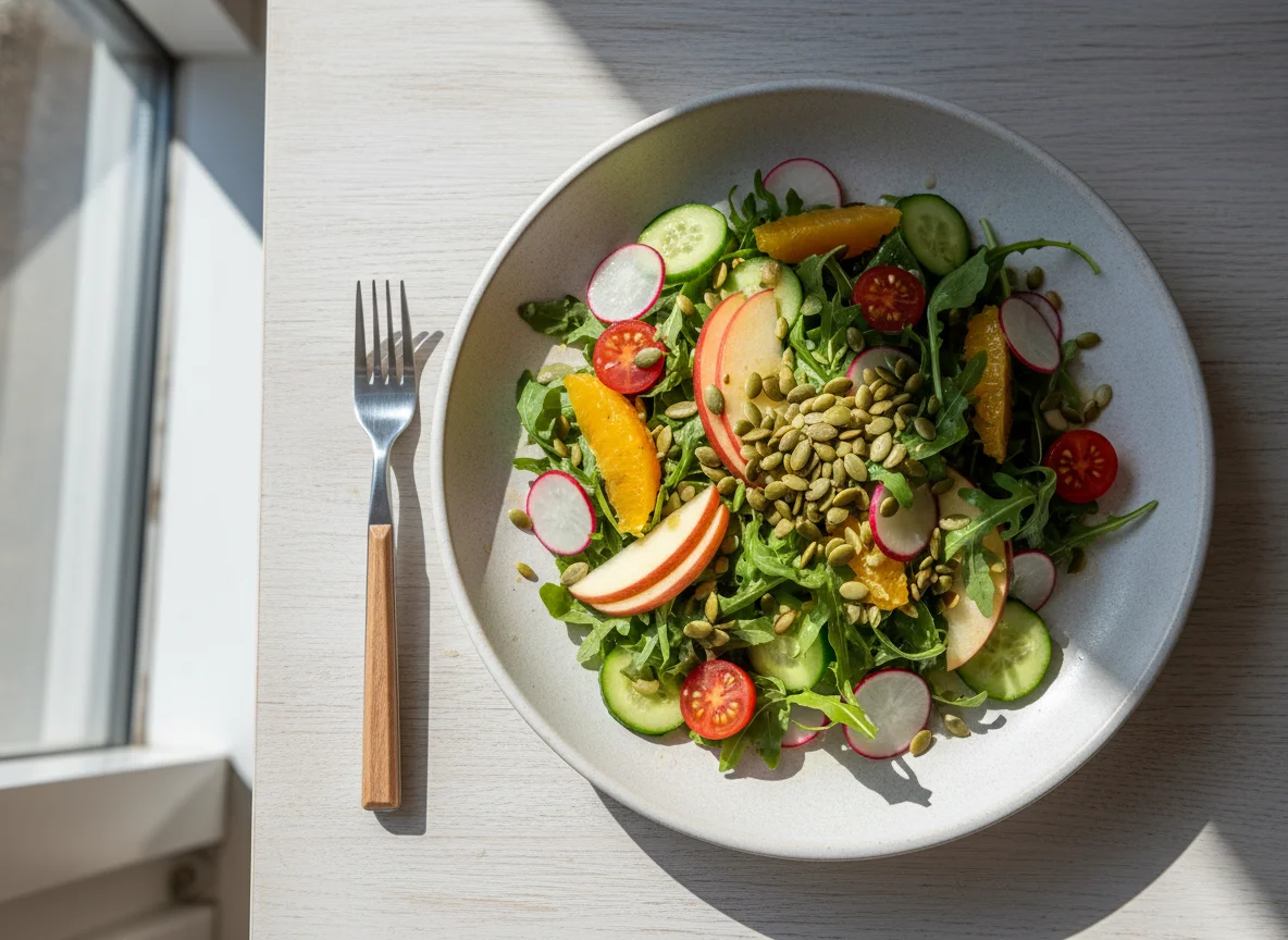 Gemischter Salat mit Früchten und Kernen photo