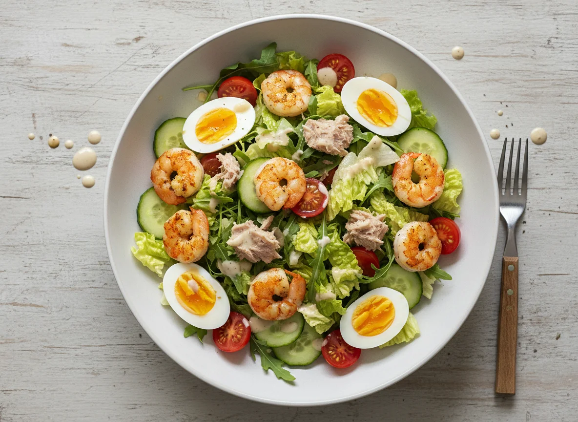 Gemischter Salat mit Garnelen, Thunfisch und Ei photo