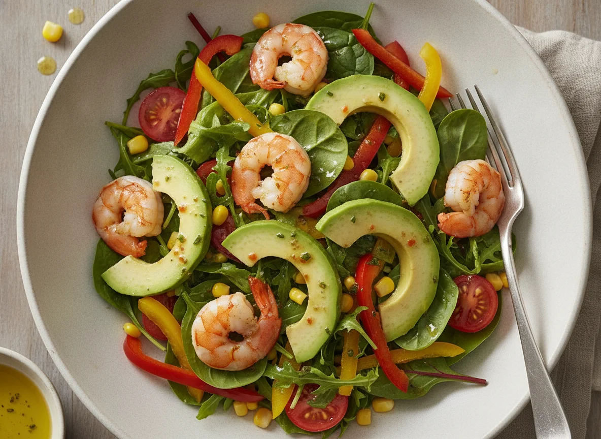 Gemischter Salat mit Garnelen und Avocado photo