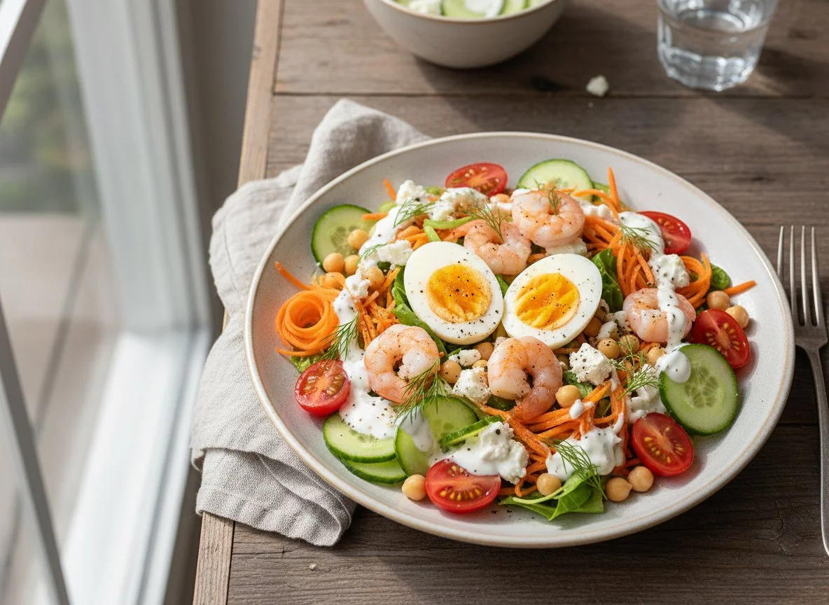 Gemischter Salat mit Garnelen und Ei photo