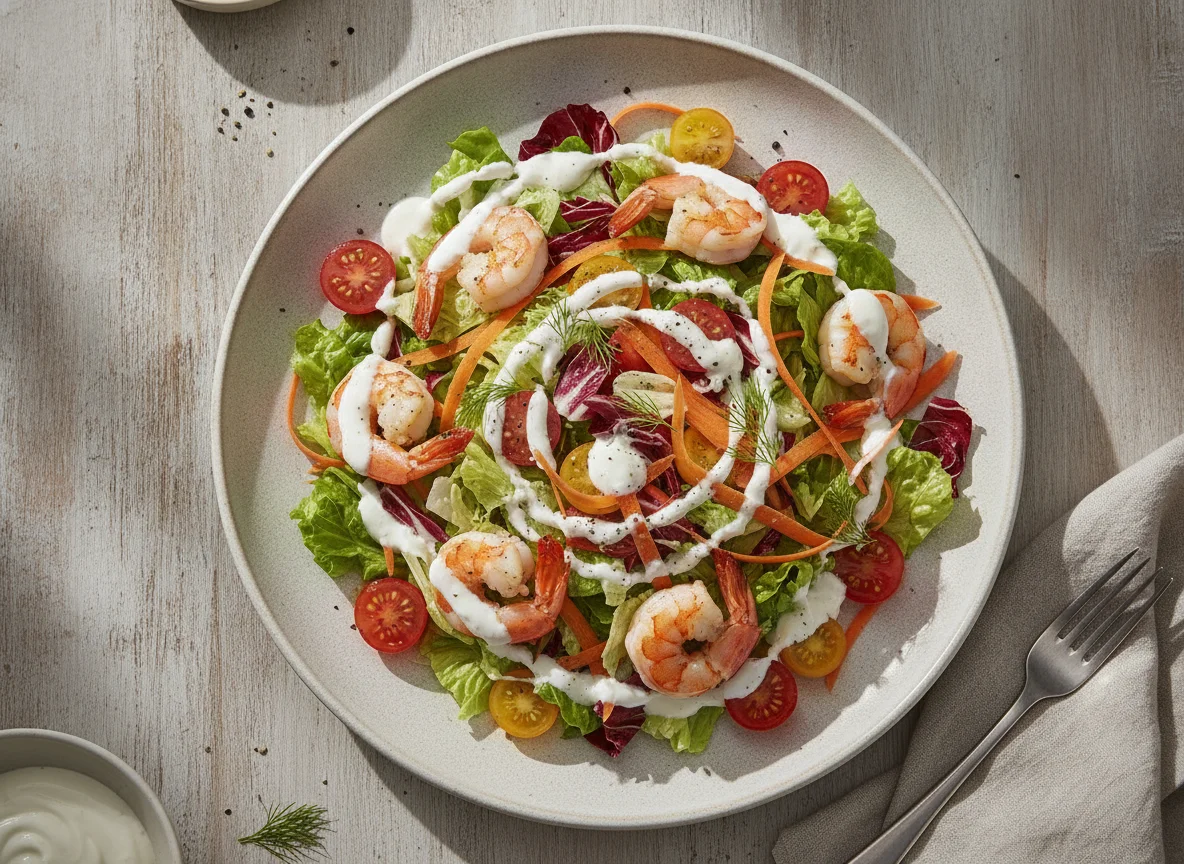Gemischter Salat mit Garnelen und Joghurt-Dressing photo