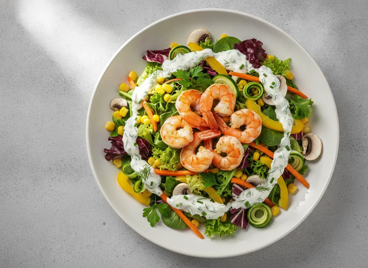 Gemischter Salat mit Garnelen und Joghurtdressing photo