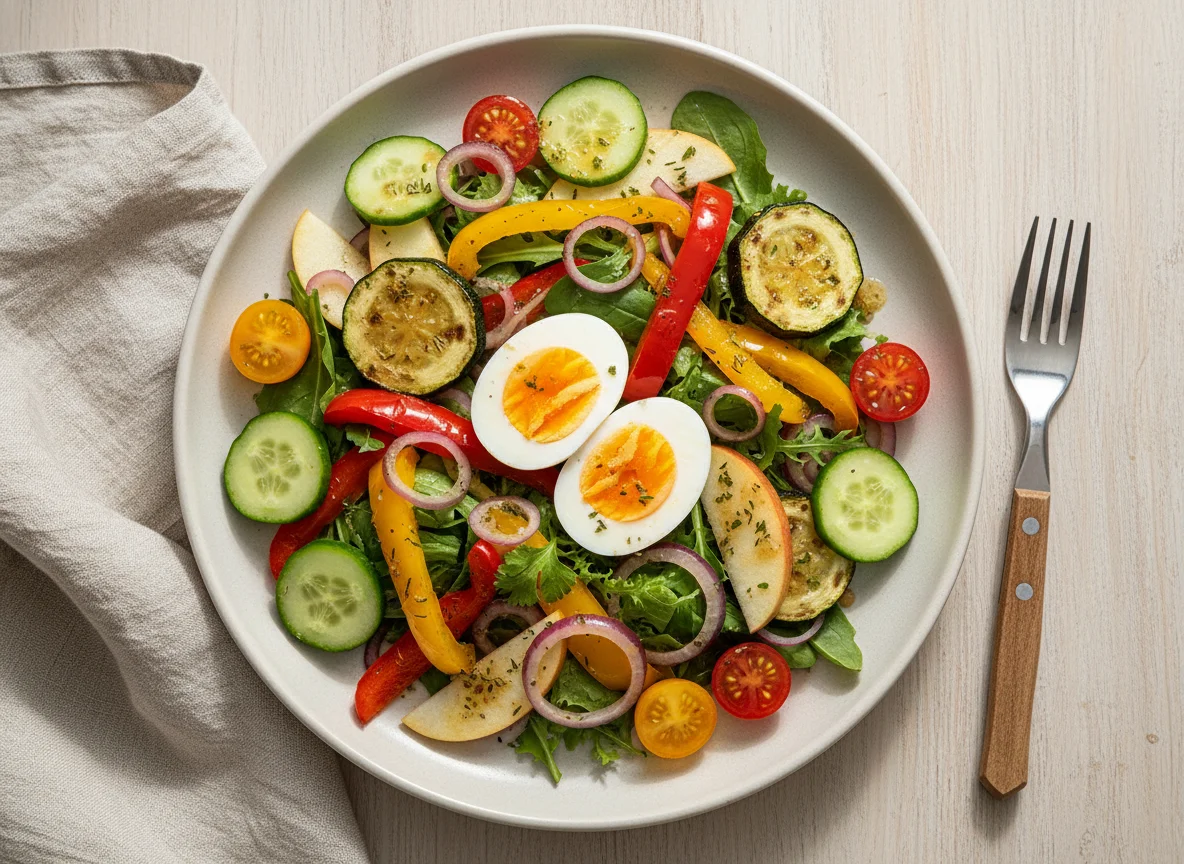 Gemischter Salat mit gebratenem Gemüse und Ei photo