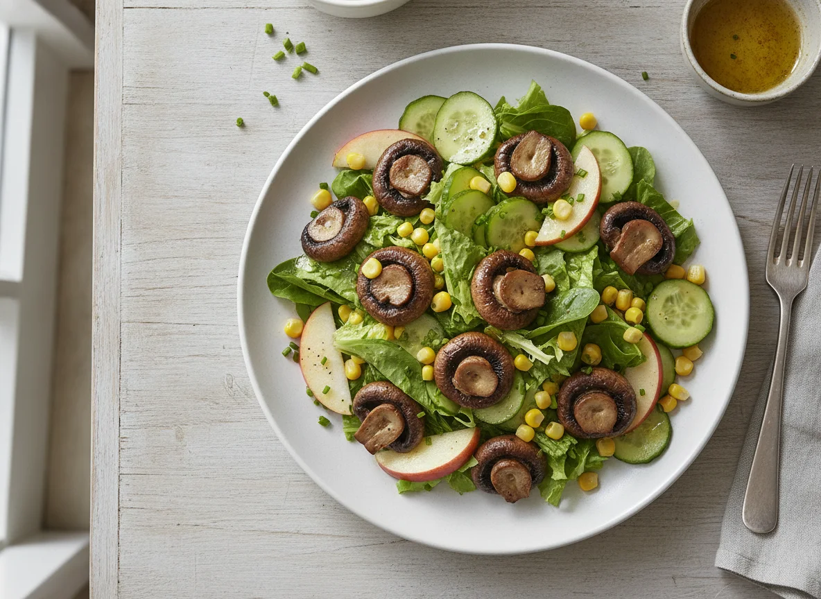 Gemischter Salat mit gebratenen Champignons photo
