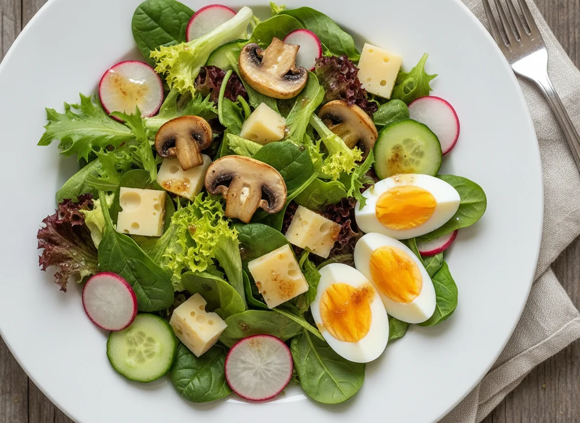 Gemischter Salat mit gebratenen Champignons und Ei photo