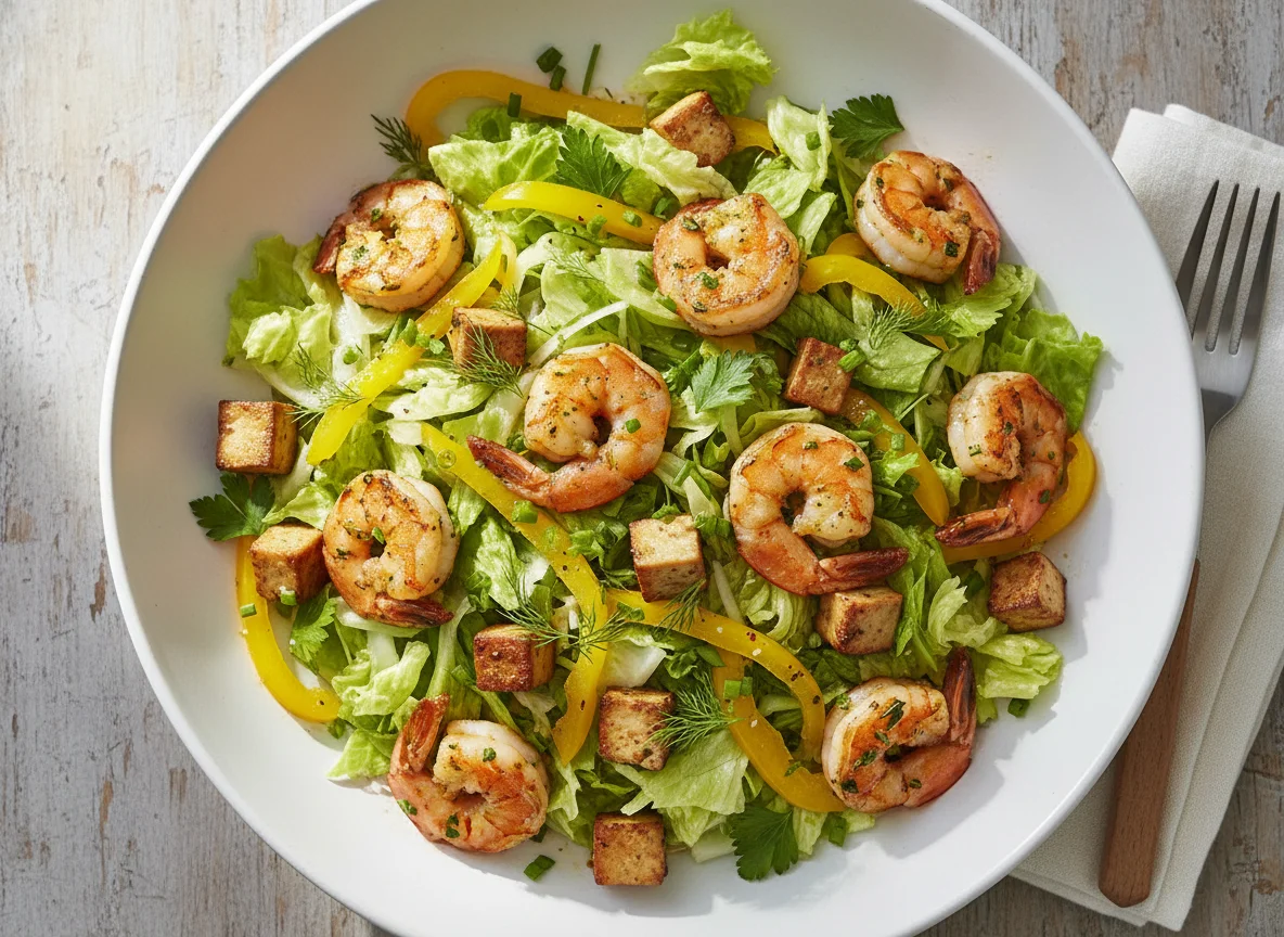 Gemischter Salat mit gebratenen Garnelen photo