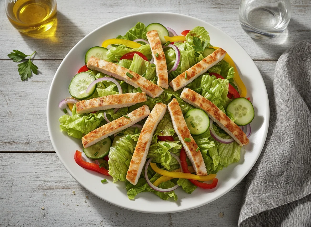Gemischter Salat mit gebratenen Hähnchenbruststreifen photo