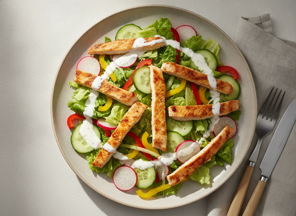 Gemischter Salat mit gebratenen Hähnchenstreifen photo