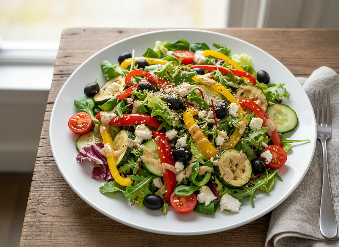 Gemischter Salat mit gegrilltem Gemüse und Dressing photo