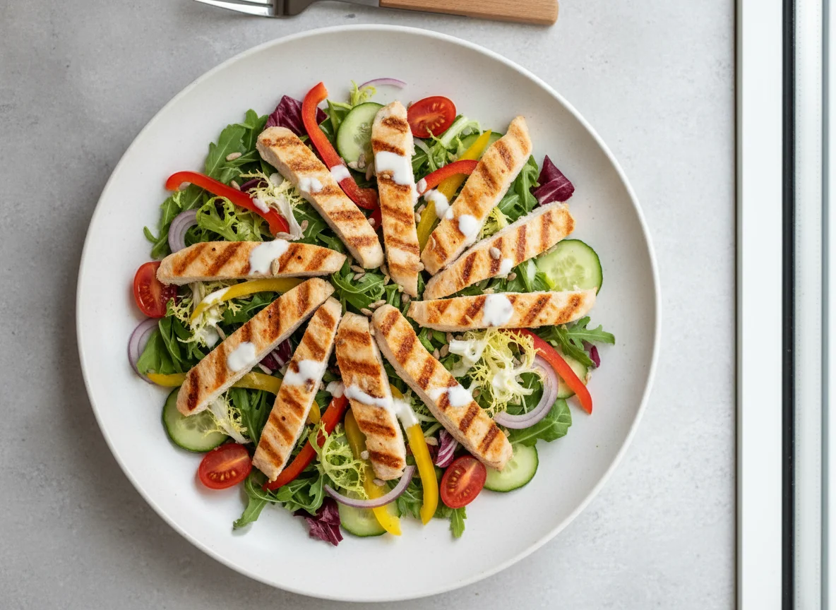 Gemischter Salat mit gegrillten Hähnchenstreifen photo