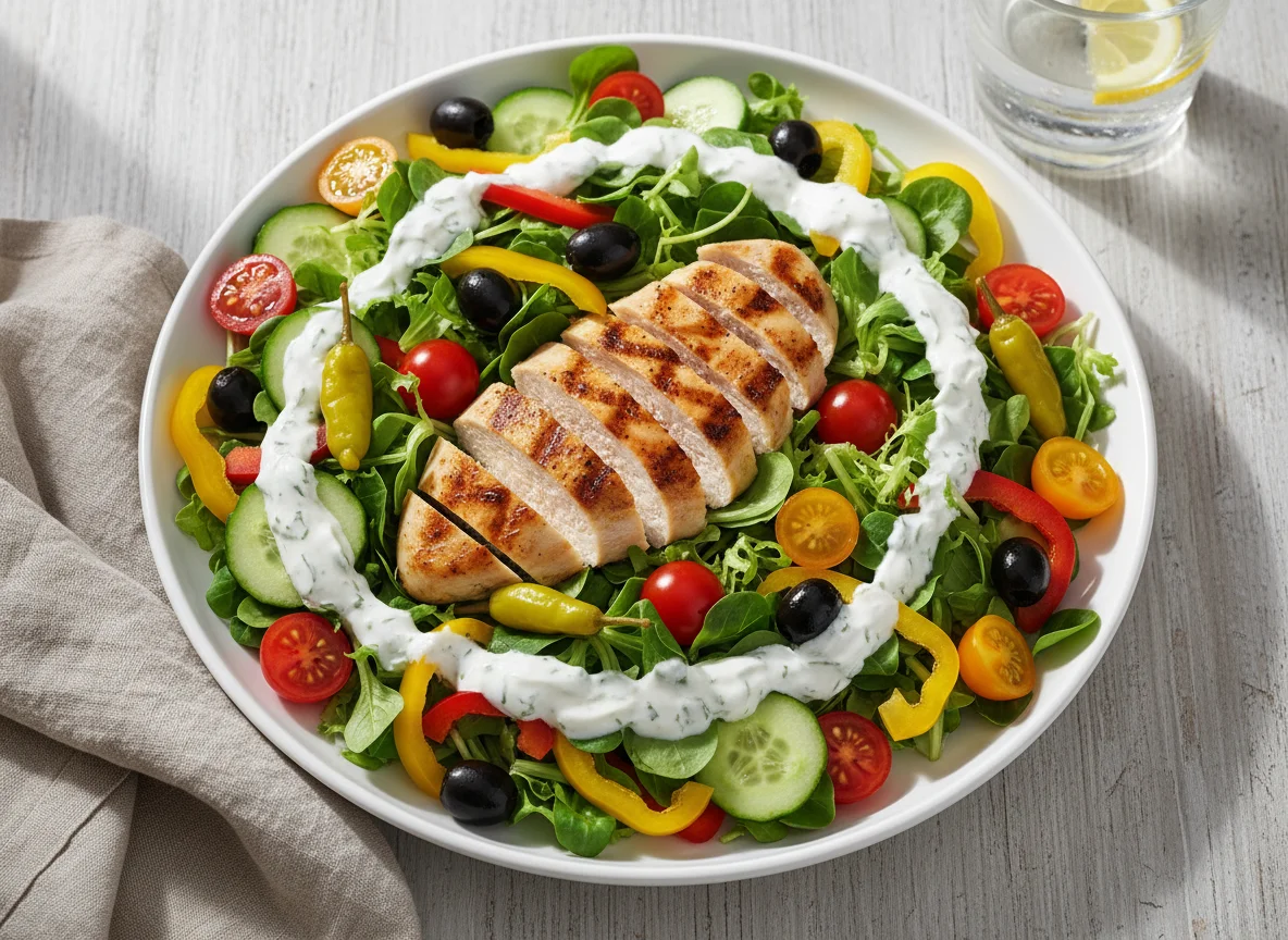 Gemischter Salat mit gegrillter Hähnchenbrust photo