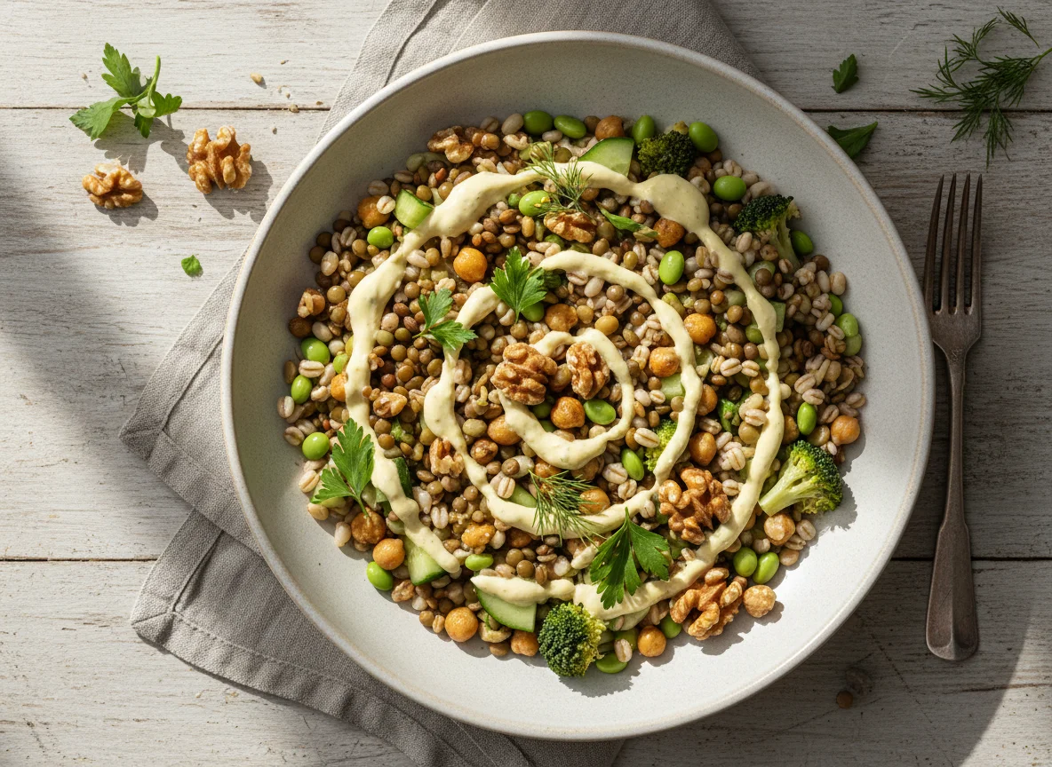 Gemischter Salat mit Getreide und Nüssen photo