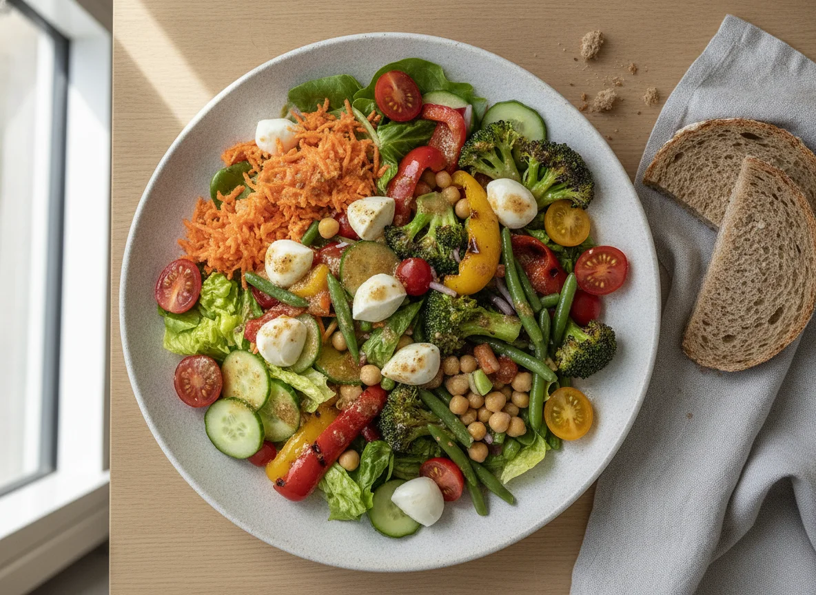 Gemischter Salat mit Grillgemüse und Brot photo