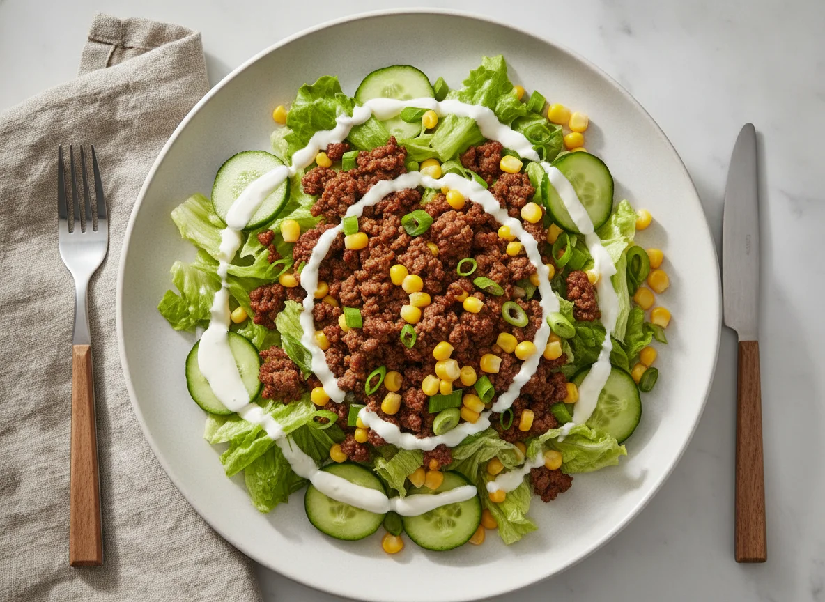 Gemischter Salat mit Hackfleisch und Dressing photo