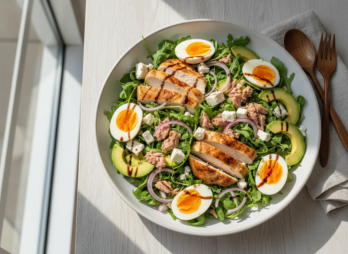Gemischter Salat mit Hähnchen, Ei und Avocado photo