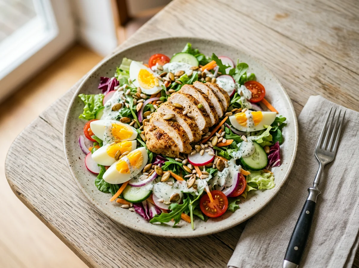 Gemischter Salat mit Hähnchen, Ei und Dressing photo