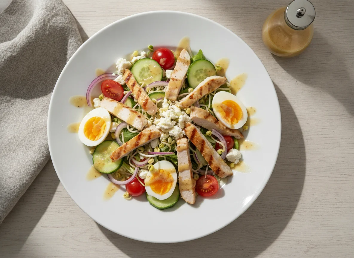 Gemischter Salat mit Hähnchen, Ei und Feta photo