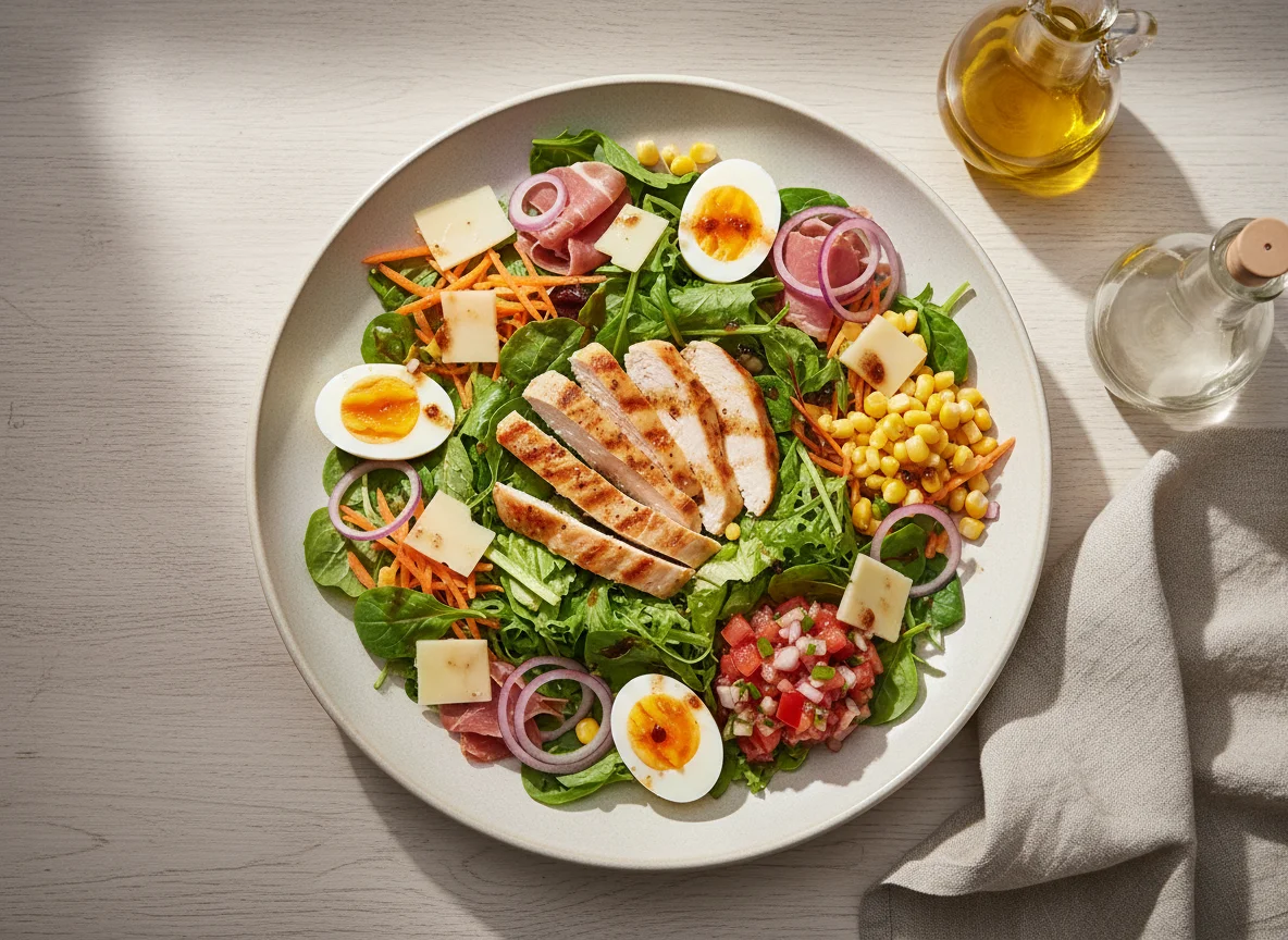 Gemischter Salat mit Hähnchen, Käse und Ei photo