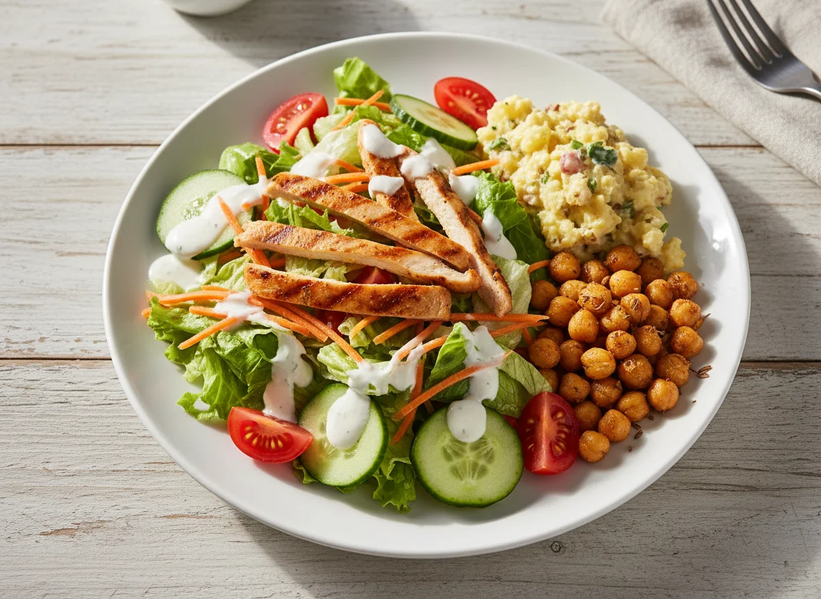 Gemischter Salat mit Hähnchen, Kichererbsen und Kartoffelsalat photo
