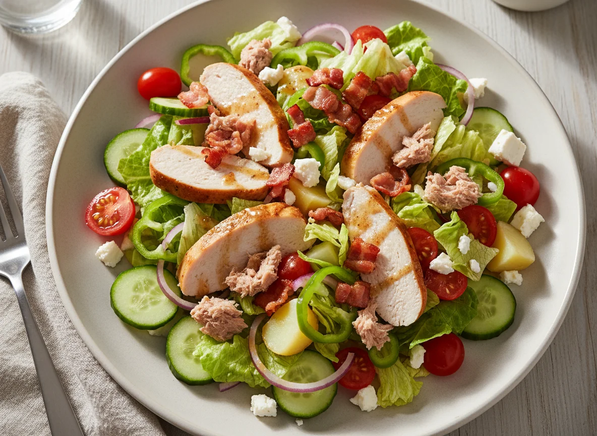 Gemischter Salat mit Hähnchen, Thunfisch und Speck photo
