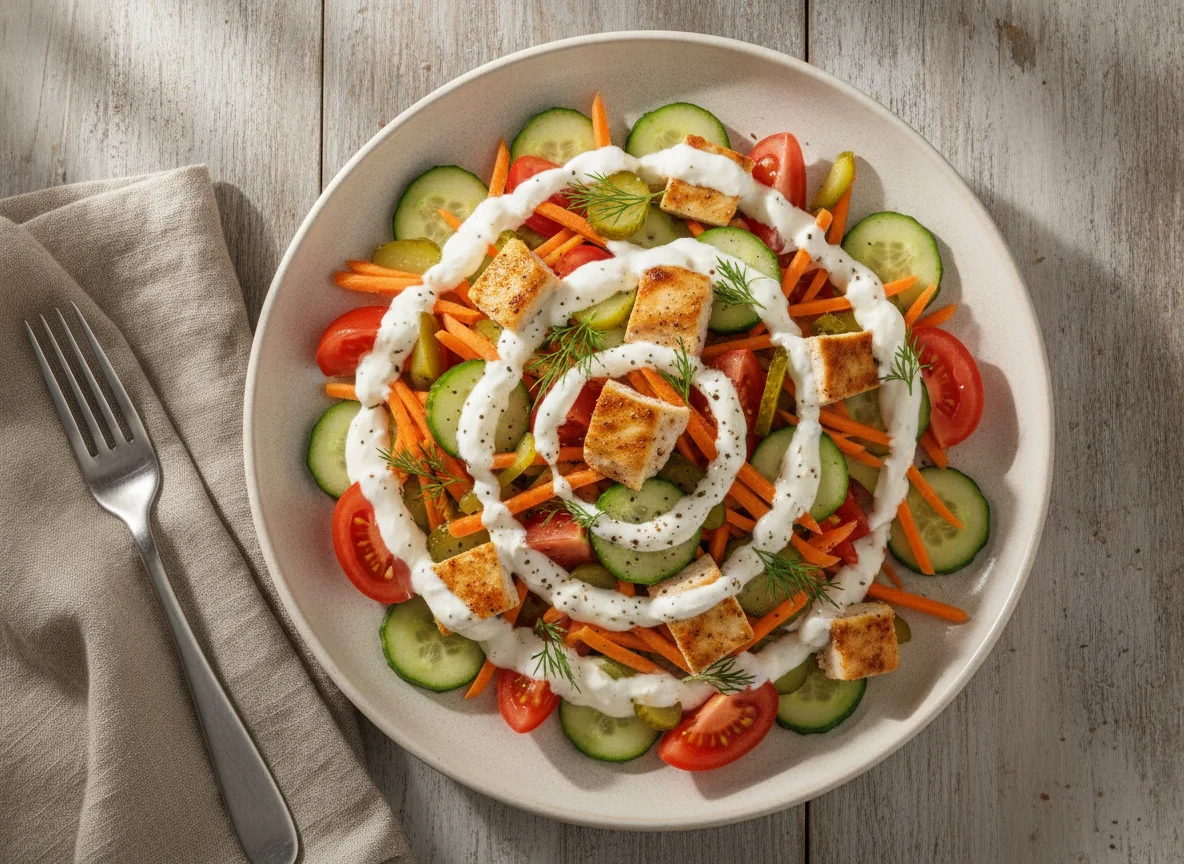 Gemischter Salat mit Hähnchen und cremiger Sauce photo