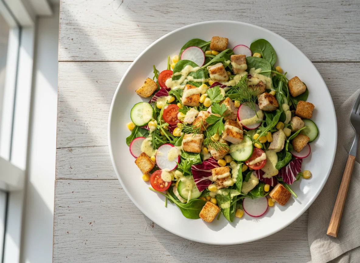 Gemischter Salat mit Hähnchen und Croutons photo