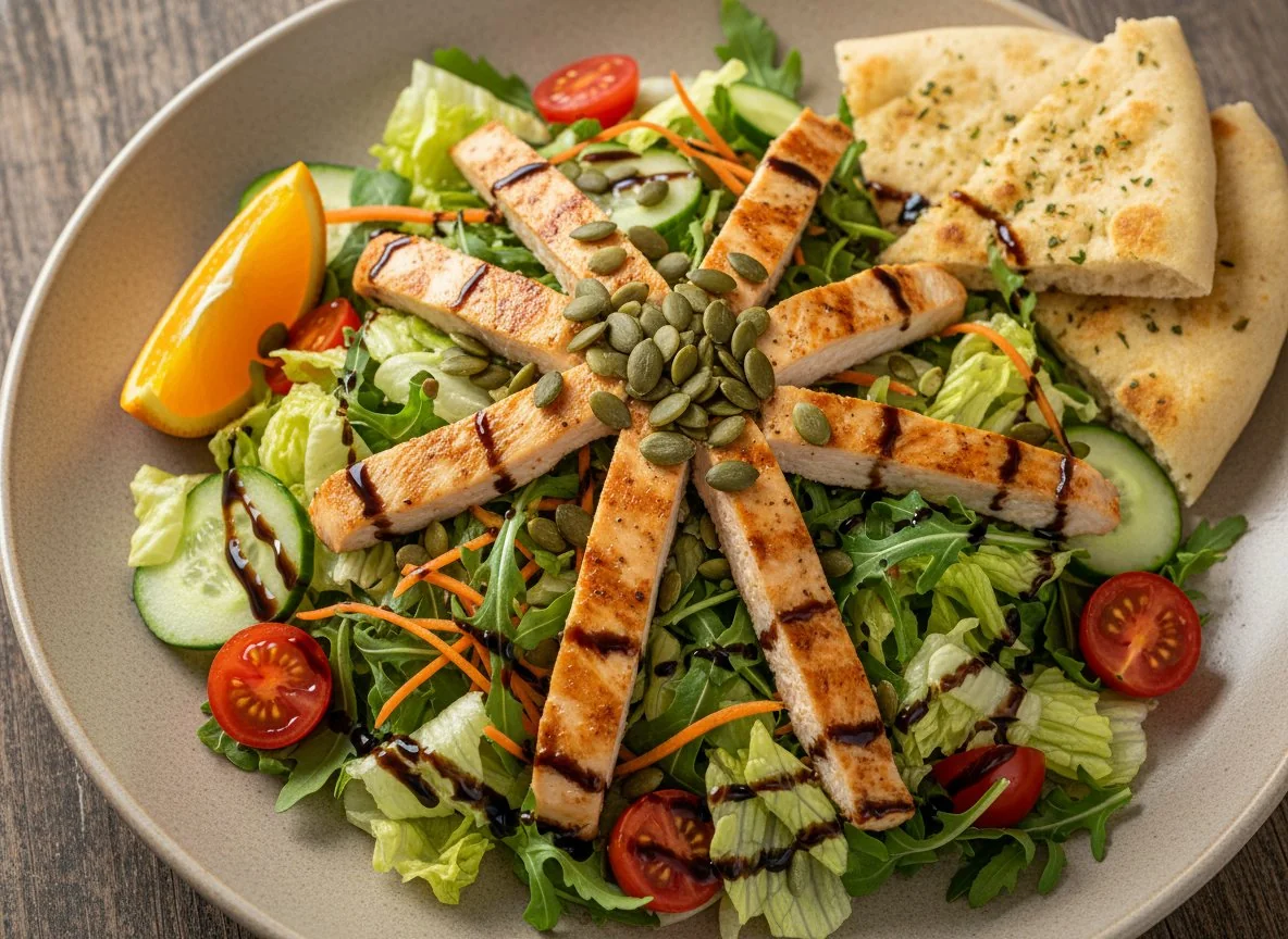Gemischter Salat mit Hähnchen und Dressing photo