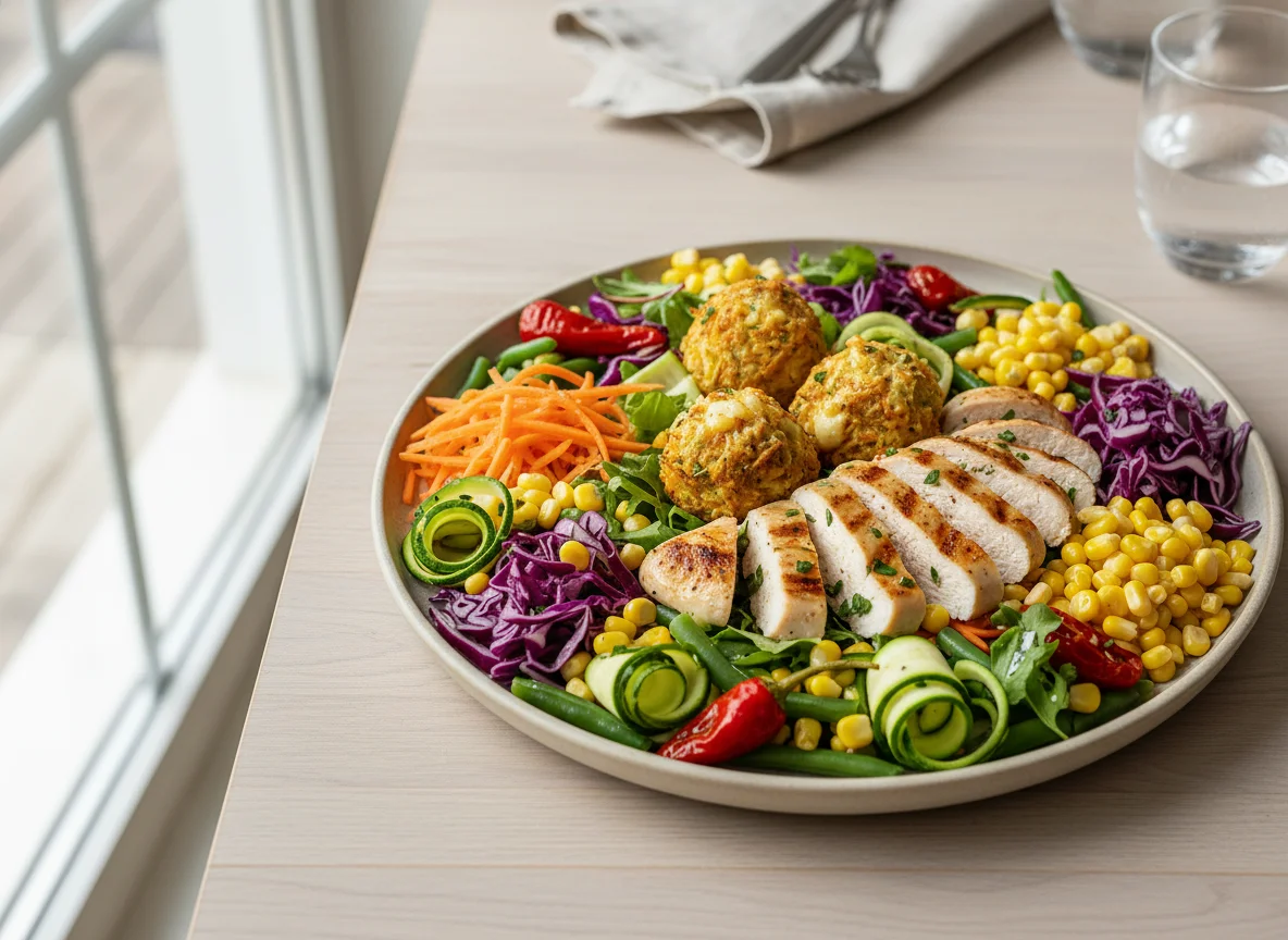 Gemischter Salat mit Hähnchen und frittierten Bällchen photo