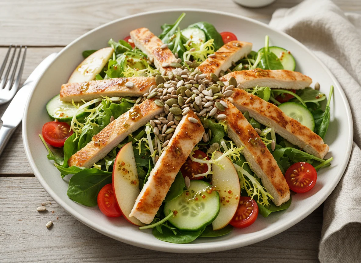 Gemischter Salat mit Hähnchen und Kernen photo