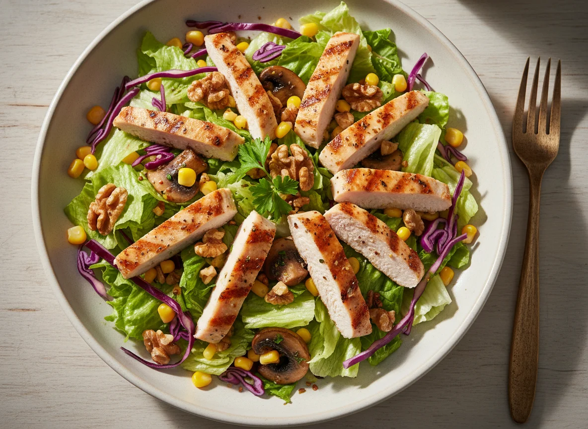 Gemischter Salat mit Hähnchen und Nüssen photo