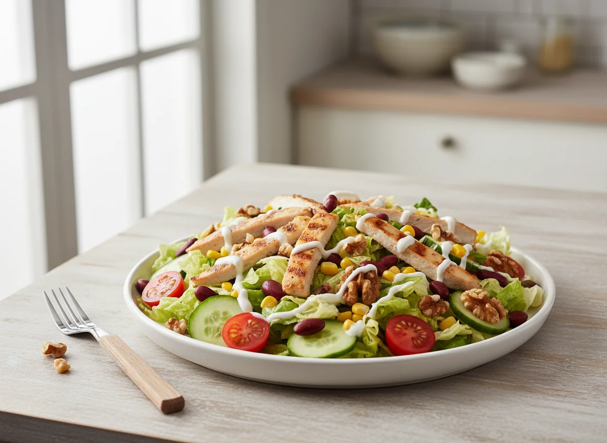 Gemischter Salat mit Hähnchen und Walnüssen photo