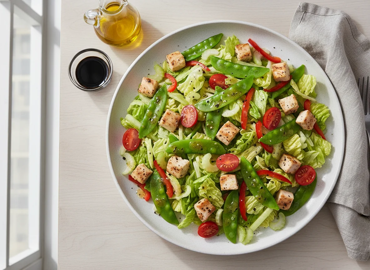 Gemischter Salat mit Hähnchen und Zuckerschoten photo