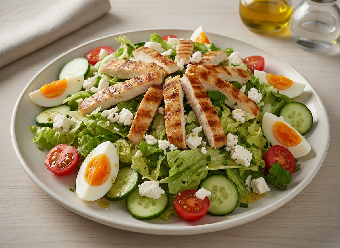 Gemischter Salat mit Hähnchenbrust, Ei und Feta photo