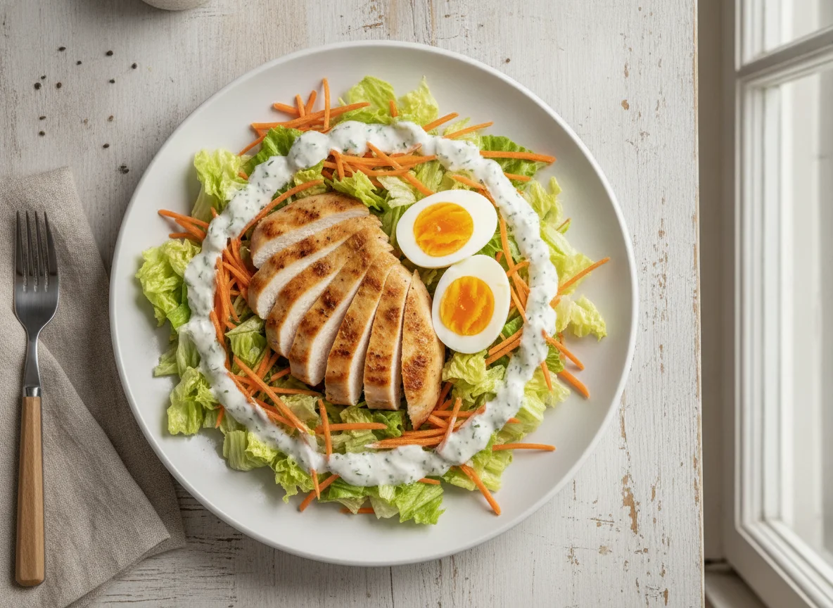Gemischter Salat mit Hähnchenbrust, Ei und Joghurt-Dressing photo