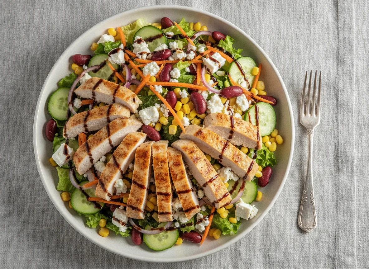 Gemischter Salat mit Hähnchenbrust und Balsamico-Dressing photo